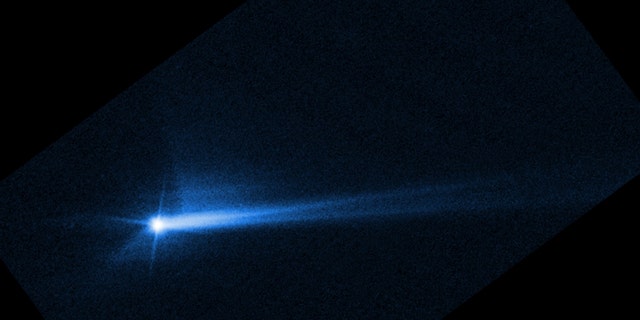 This imagery from NASA’s Hubble Space Telescope from Oct. 8, 2022, shows the debris blasted from the surface of Dimorphos 285 hours after the asteroid was intentionally impacted by NASA’s DART spacecraft on Sept. 26. 