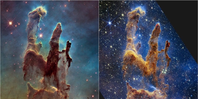 NASA's Hubble Space Telescope made the Pillars of Creation famous with its first image in 1995, but revisited the scene in 2014 to reveal a sharper, wider view in visible light, shown above at left. A new, near-infrared-light view from NASA’s James Webb Space Telescope, at right, helps us peer through more of the dust in this star-forming region. The thick, dusty brown pillars are no longer as opaque and many more red stars that are still forming come into view.