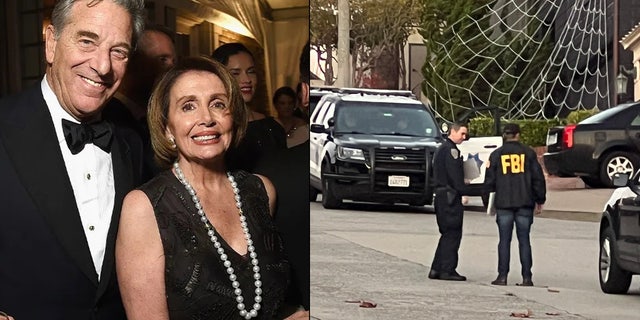 Paul Pelosi (L) and Nancy Pelosi on April 25, 2015 in Washington, DC.; Image shows FBI agents outside the home of Nancy and Paul Pelosi on Oct. 28, 2022.
