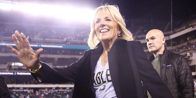 First lady of the United States of America Jill Biden walks the sideline prior to the game between the Philadelphia Eagles and the Dallas Cowboys at Lincoln Financial Field on Oct. 16, 2022, in Philadelphia, Pennsylvania.