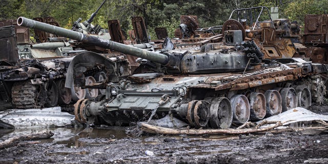 Destroyed Russian armored vehicles left behind by the Russian forces in Izium, Kharkiv, Ukraine on October 02, 2022. (Photo by Metin Aktas/Anadolu Agency via Getty Images)
