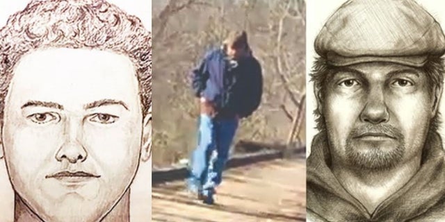 A composite sketch of the suspect from 2019, left, and the earlier sketch from 2017, far right. A photo police recovered from German's cell phone of the man walking toward them on the railroad bridge (middle).