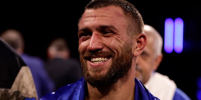 Vasiliy Lomachenko reacts after his a lightweight boxing match against Jamaine Ortiz Sunday, Oct. 30, 2022, in New York. 