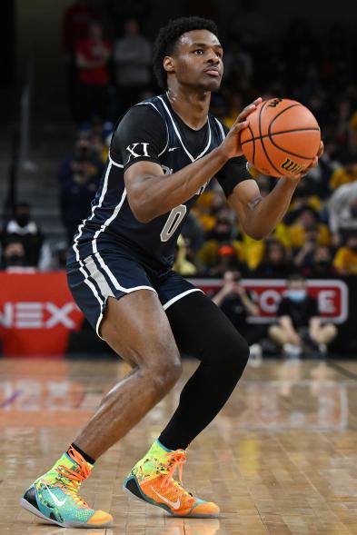 Bronny James #0 of Sierra Canyon HS shoots a three point basket in the first half Glenbard West HS at Wintrust Arena on Feb. 5, 2022 in Chicago, Illinois.