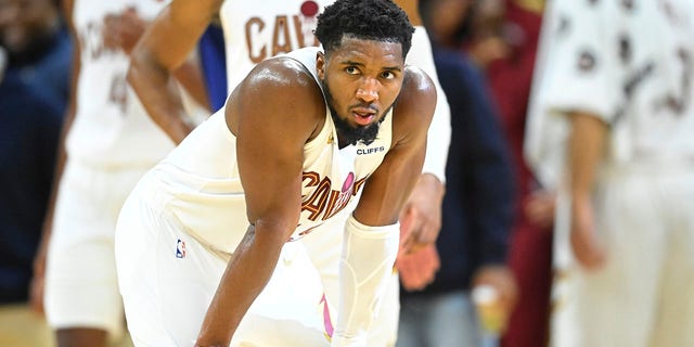 Cleveland Cavaliers guard Donovan Mitchell, #45, reacts in the fourth quarter against the New York Knicks at Rocket Mortgage FieldHouse in Cleveland Oct. 30, 2022.