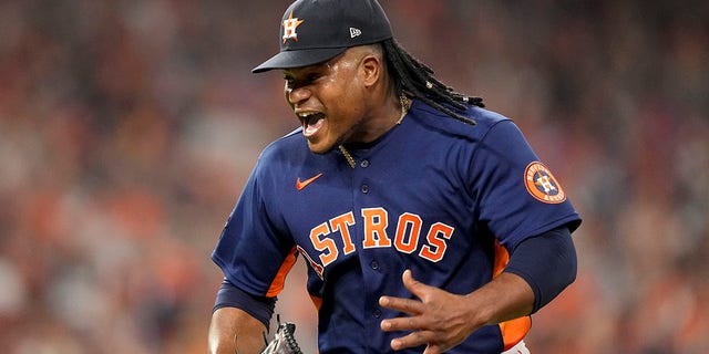 Astros pitcher Framber Valdez celebrates a double play to end the top of the sixth inning in Game 2 of the World Series against the Philadelphia Phillies on Saturday, Oct. 29, 2022, in Houston.