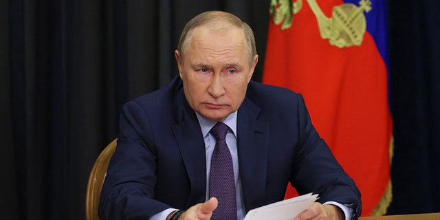 Russian President Vladimir Putin chairs a meeting on agriculture issues via a video link in Sochi on Sept. 27, 2022. 