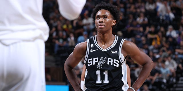 Joshua Primo, #11 of the San Antonio Spurs, looks on during the game against the Utah Jazz on October 11, 2022, at Vivint Arena in Salt Lake City, Utah. 