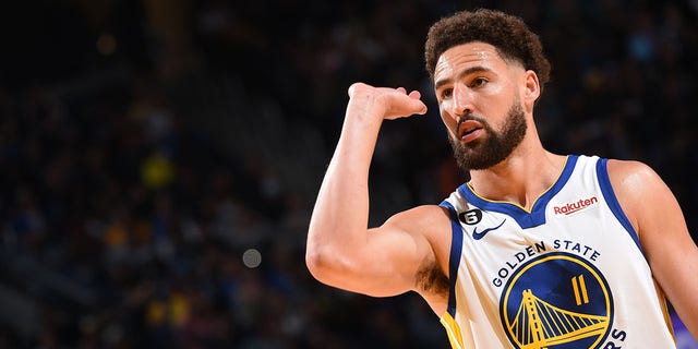 Klay Thompson #11 of the Golden State Warriors looks on during the game against the Miami Heat on October 27, 2022 at Chase Center in San Francisco, California. 