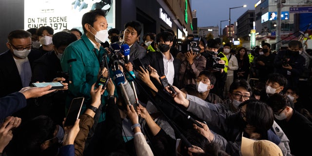 Oh Se-Hoon, mayor of Seoul City, speaks to members of media at the site of a deadly stampede in the Itaewon district of Seoul, South Korea, on Sunday, Oct. 30, 2022. (SeongJoon Cho/Bloomberg via Getty Images)