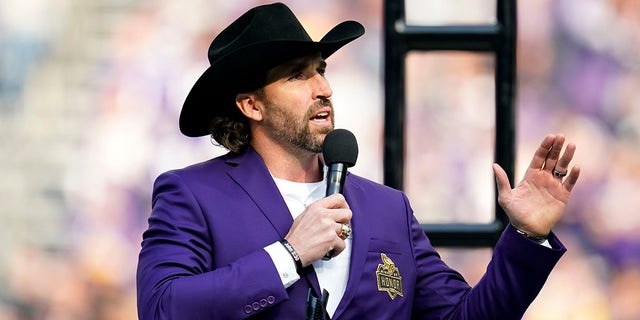 Jared Allen speaks after being inducted into the Vikings' Ring of Honor, Sunday, Oct. 30, 2022, in Minneapolis.