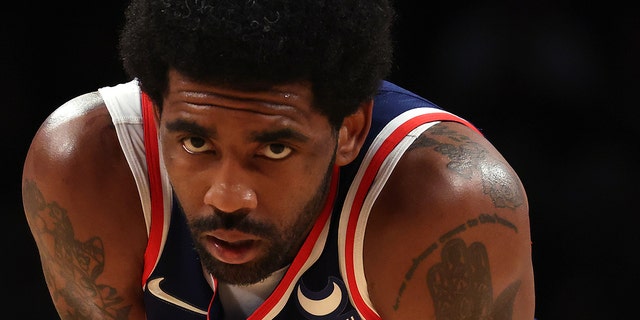 Kyrie Irving of the Brooklyn Nets against the Milwaukee Bucks during a game at Barclays Center March 31, 2022, in New York City.