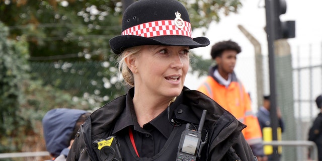 Penny Lancaster in her role in City of London Police keeping order outside RAF Northolt, London, UK - 13 Sep 2022