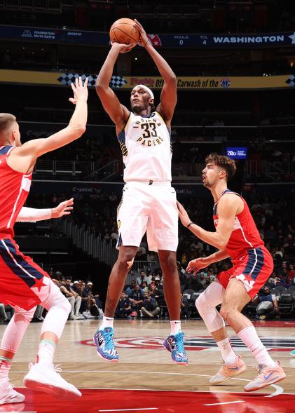 Pacers center Myles Turner shoots the ball during the game against the Washington Wizards on Oct. 28, 2022 at Capital One Arena in Washington, DC.