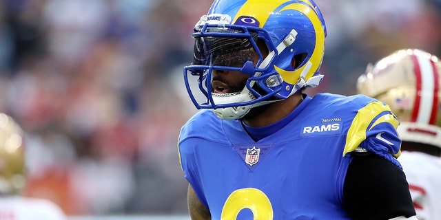 Odell Beckham Jr. of the Los Angeles Rams reacts to a play during the first quarter against the San Francisco 49ers at SoFi Stadium Jan. 9, 2022, in Inglewood, Calif.