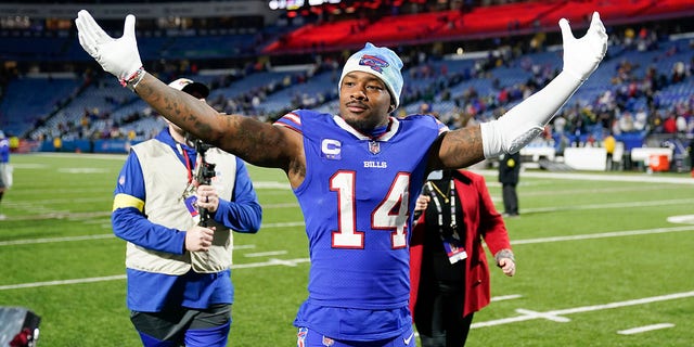Buffalo Bills wide receiver Stefon Diggs, #14, reacts as he leaves the field after an NFL football game against the Green Bay Packers, Sunday, Oct. 30, 2022, in Orchard Park, New York.