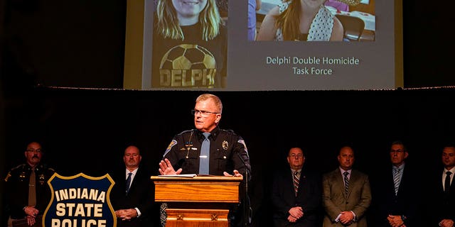 Indiana State Police Superintendent Doug Carter announces during a news conference in Delphi, Indiana, Oct. 31, 2022, the arrest of Richard Allen, 50, for the murders of two teenage girls killed during a 2017 hiking trip.