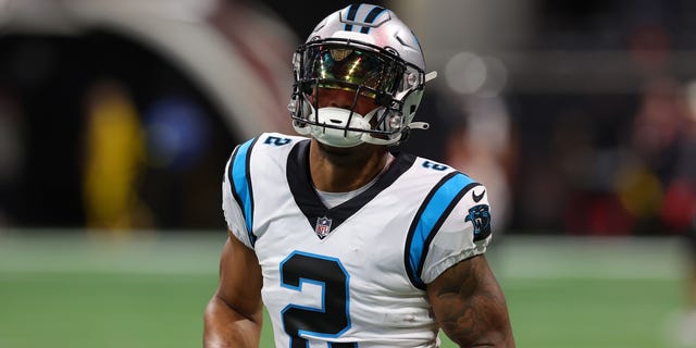 DJ Moore #2 of the Carolina Panthers warms up against the Atlanta Falcons at Mercedes-Benz Stadium on Oct. 30, 2022 in Atlanta, Georgia.