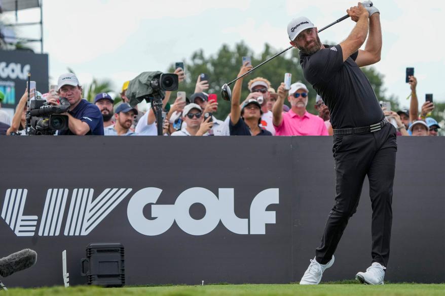 Dustin Johnson plays his shot from the third tee on Sunday, Oct. 30, 2022, during the LIV Golf team championship.