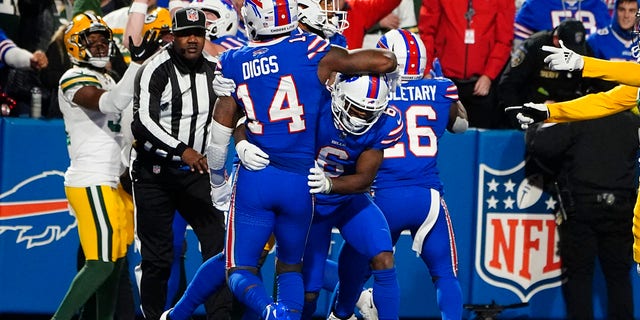 Oct 30, 2022; Orchard Park, New York, USA; Buffalo Bills wide receiver Isaiah McKenzie (6) congratulates Buffalo Bills wide receiver Stefon Diggs (14) for scoring a touchdown against the Green Bay Packers during the first half at Highmark Stadium.