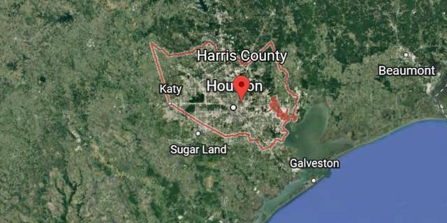 A Google Earth image shows the outline of Harris County, the largest county in Texas.