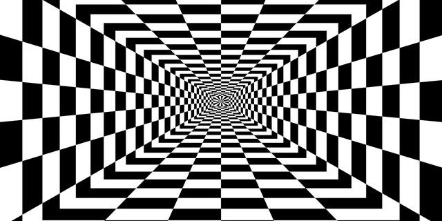 An abstract black-and-white checkered background creates a visual distortion effect.