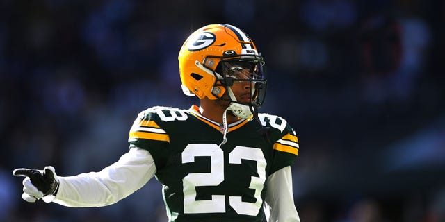 Jaire Alexander #23 of the Green Bay Packers in action during the NFL match between New York Giants and Green Bay Packers at Tottenham Hotspur Stadium on October 09, 2022 in London, England.