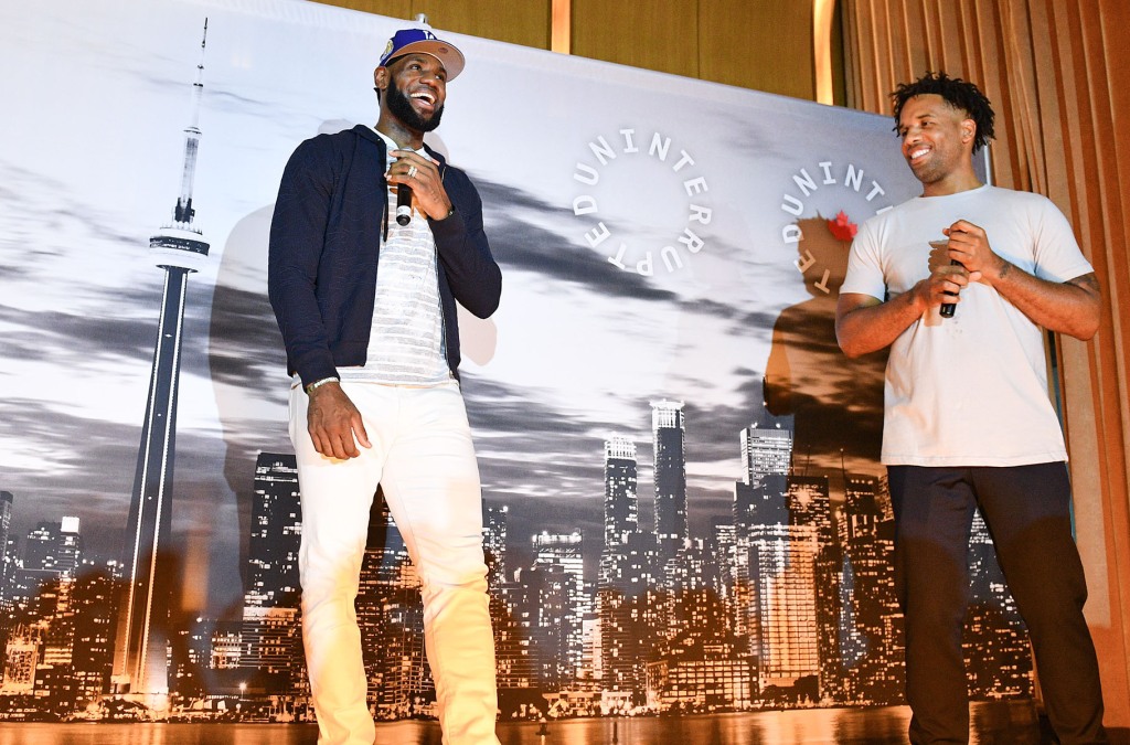 NBA Player Lebron James and Maverick Carter attend the Uninterrupted Canada Launch held at Louis Louis at The St. Regis Toronto on August 02, 2019 in Toronto, Canada.