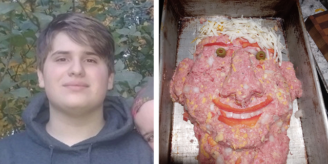 Collin Suriano next to this meatloaf Doppelgänger made by his mom,