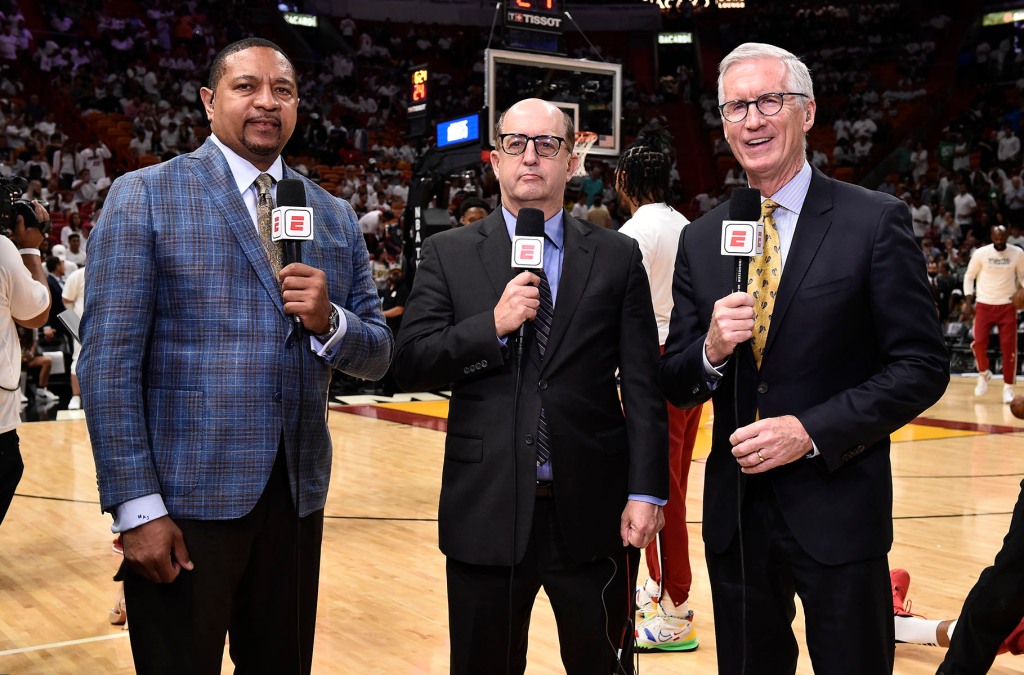 ESPN Analysts, Mark Jackson, Jeff Van Gundy, and Mike Breen look on during Game 2 of the 2022 NBA Playoffs Eastern Conference Finals on May 19, 2022 at FTX Arena in Miami, Florida.
