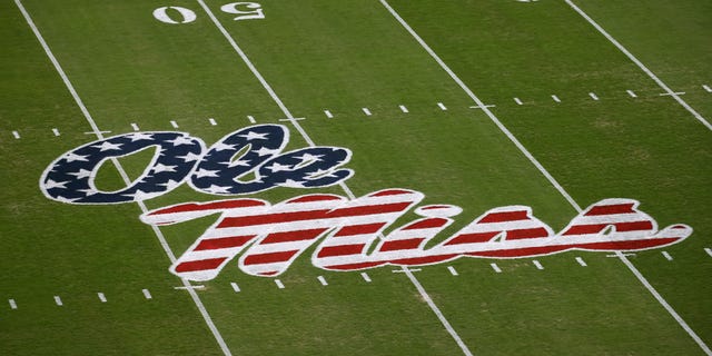 A general view of the Ole Miss logo before the game between the Ole Miss Rebels and the South Carolina Gamecocks on November 14, 2020, at Vaught-Hemingway Stadium in Oxford, MS. 