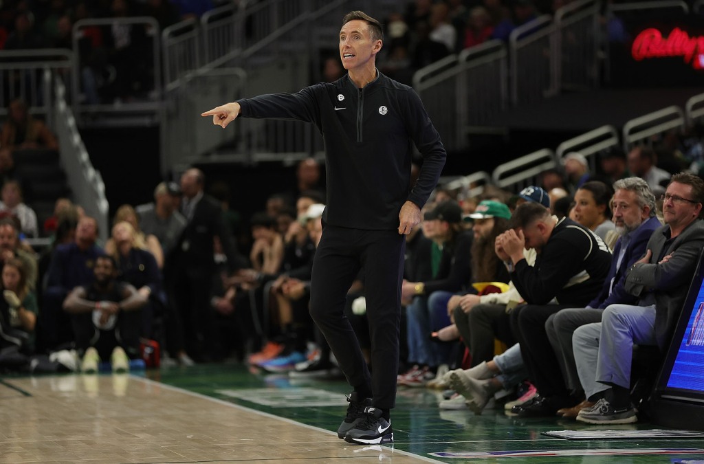 Head coach Steve Nash of the Brooklyn Nets instructs his team during the second half of a preseason game against the Milwaukee Bucks at Fiserv Forum on October 12, 2022 in Milwaukee, Wisconsin.