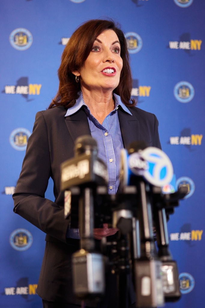 Governor Kathy Hochul addresses the media during a visit to Far Rockaway Community Church