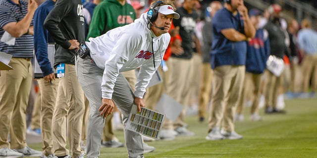 Mississippi Rebels head coach Lane Kiffin looks on from the sideline during the football game between the Ole Miss Rebels and Texas A&amp;M Aggies at Kyle Field on Oct. 29, 2022 in College Station, Texas. 