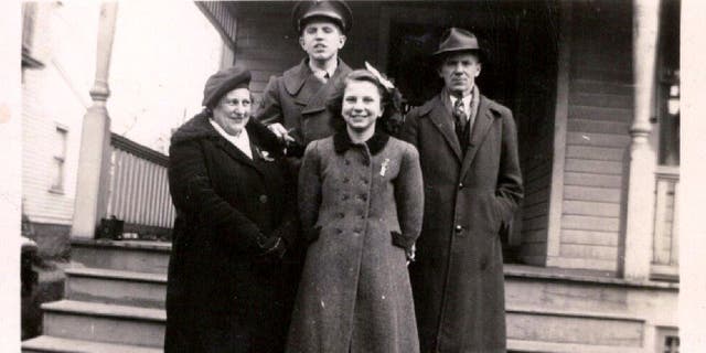 U.S. Marine Corps veteran Harold Chilton (back left) stands next to his family in the 1940s. Standing in front of him are his mother Gladys Chilton (left), sister Polly Chilton (right) and father Joseph Chilton (back right). The WWII veteran also had another sister named Mary Charlotte Chilton (not pictured).