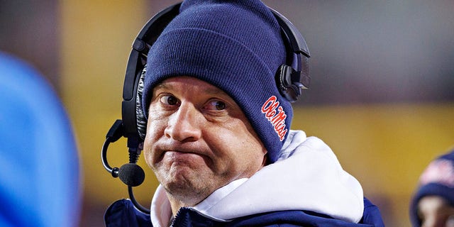 Head Coach Lane Kiffin of the Mississippi Rebels on the sidelines during a game against the Arkansas Razorbacks at Donald W. Reynolds Razorback Stadium on Nov. 19, 2022 in Fayetteville, Arkansas. The Razorbacks defeated the Rebels 42-27.  