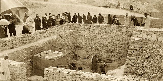 Outside the tomb of King Tutankhamun in Egypt's Valley of the Kings back in 1922, Lord Carnavon, his daughter Lady Evelyn Herbert and archaeologist Howard Carter stand at the entrance.