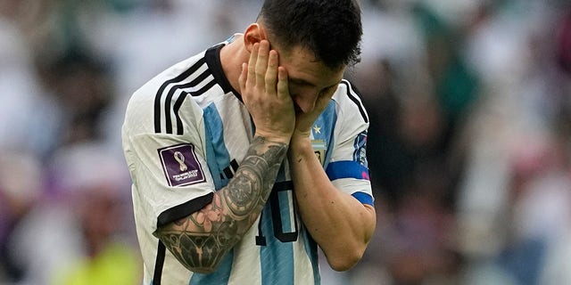 Argentina's Lionel Messi reacts after missing a chance during the World Cup group C soccer match between Argentina and Saudi Arabia at the Lusail Stadium in Lusail, Qatar, Tuesday, Nov. 22, 2022. 