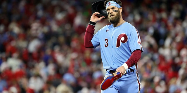 Bryce Harper #3 of the Philadelphia Phillies reacts after losing to the Houston Astros 3-2 in Game Five of the 2022 World Series at Citizens Bank Park on Nov. 3, 2022 in Philadelphia, Pennsylvania.