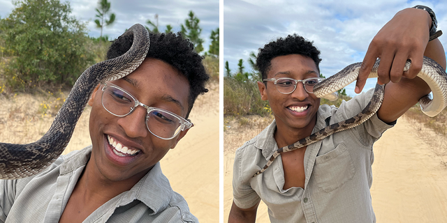 Christian Cave poses with the rare pine snake he spotted after looking for this type of snake for weeks.